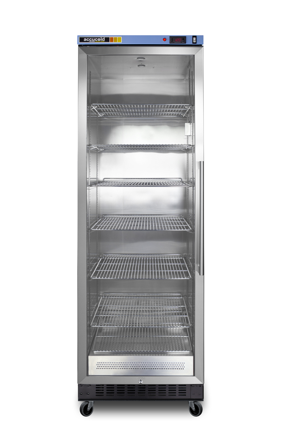 Single chamber passive heating blanket warmer with a self-closing glass door, stainless steel interior, digital thermostat, stainless steel cabinet, and lock